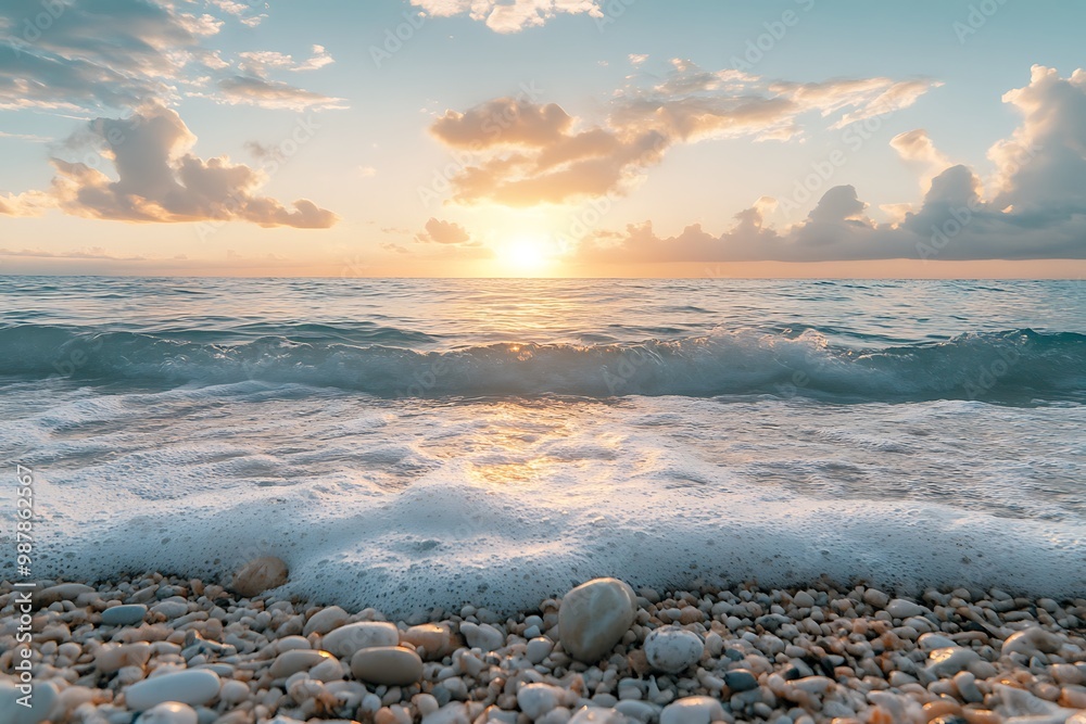 Poster Golden sunset over the ocean with waves crashing on a beach