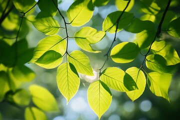 Sun shining through green leaves in forest, nature background