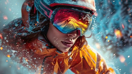 Skiing Woman at Pop Art Ski Resort - Illustrated Poster