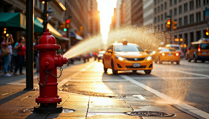 Vibrant New York City scene with a gushing fire hydrant, pedestrians, and a passing yellow...