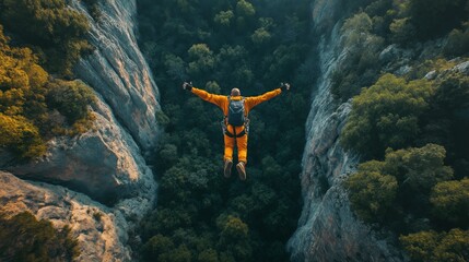 Man Base Jumping Off a Cliff into a Deep Forested Canyon