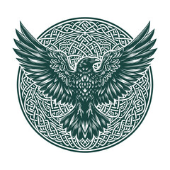  A powerful depiction of Odin's raven, crafted in intricate Celtic style. This vector ornament embodies the mysticism of Norse mythology, blending traditional Celtic knotwork with the fierce symbolism