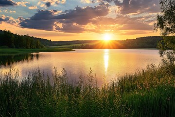 Obraz premium Golden hour sunset reflecting over calm lake water with tall grass and tree on shore