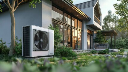 Home Cooling Solution: Air Conditioning Unit Next to House Model for Hot Summer Days