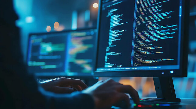 A programmer working late at night coding on their computer.