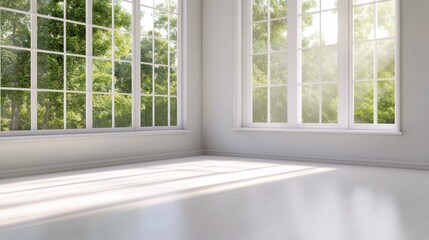 Fototapeta premium Spacious interior with large windows showcasing a cityscape on a bright day