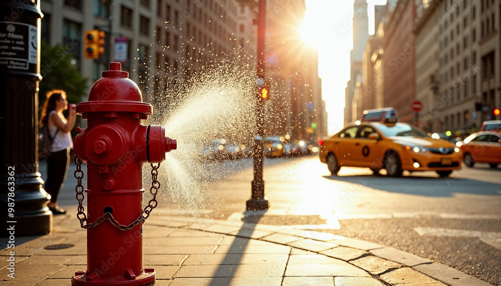 Wall mural vibrant new york city scene with a gushing fire hydrant, pedestrians, and a passing yellow taxi.