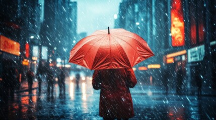 People under umbrella on rainy city wallpaper background