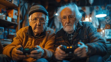 Joyful Elderly Men Bonding Over Gaming: Happy Retired Duo Playing with Gamepads - Concept Image on Background
