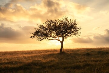 Silhouette of a lone tree at sunrise with golden clouds in the sky