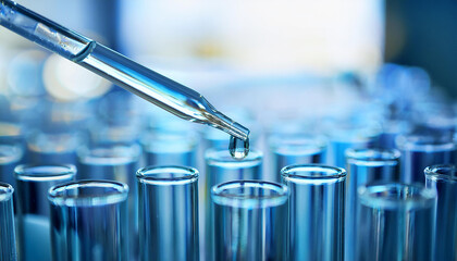 Glass pipette dripping fluid into test tube. Laboratory experiments and scientific research.