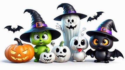 A playful Halloween scene featuring cute characters in costumes with pumpkins and bats.
