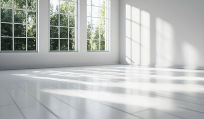 Fototapeta premium Bright and airy room featuring a large window and indoor plant with soft sunlight streaming in
