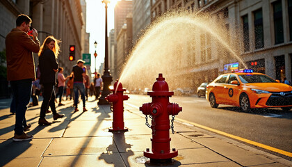 Vibrant New York City scene with a gushing fire hydrant, pedestrians, and a passing yellow...