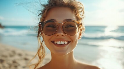 A smiling woman wearing sunglasses standing on a sandy beach with the ocean behind her, bathed in bright sunlight, capturing a vibrant and carefree atmosphere.