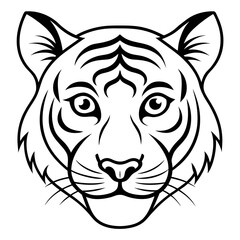 Tiger Face Line Art Emphasizing Piercing Eyes and Bold Stripes