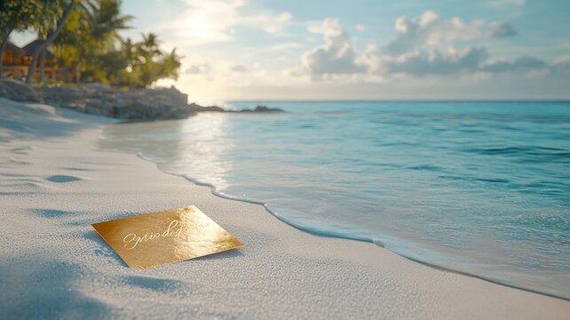 A luxury beach resort invitation card with gold lettering, placed on white sand by crystal-clear waters, exuding calm and luxury.