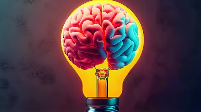 Creative concept of a brain inside a glowing lightbulb, symbolizing innovation, intelligence, and the power of human ideas.


