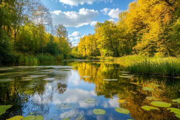 Autumn Pond with Golden Trees Reflecting in Water