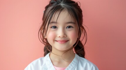 Joyful Little Asian Nurse: Laughing Girl in White Uniform on Pastel Background