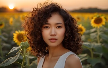 An Asian woman standing in a sunflower fields,generative ai