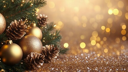 Obraz premium Golden Christmas ornaments glistening with festive lights and sparkling decorations