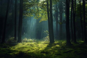 Obraz premium Sun rays shining through the trees in a misty forest, creating a magical atmosphere