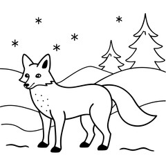 Fox in Snow Line Art with Tail Wrapped