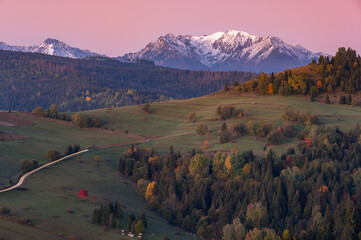 Mountain landscape, Tatra mountains panorama, colorful autumn view from Osturnia village, Slovakia