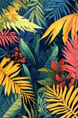 Vibrant tropical leaves in shades of yellow, green, and red create a lush and textured background.