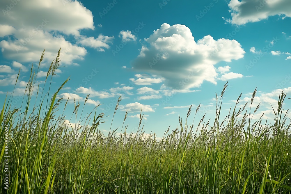 Poster Summer sky with clouds and tall green grass