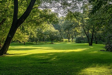 Obraz premium Sunny summer day in a green forest glade with lush green grass and sunlight