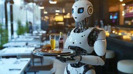 Fototapeta premium Robot cyborg cafe restaurant waiter wallpaper background