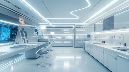 Obraz premium Futuristic White Laboratory Interior with Modern Equipment and Lighting