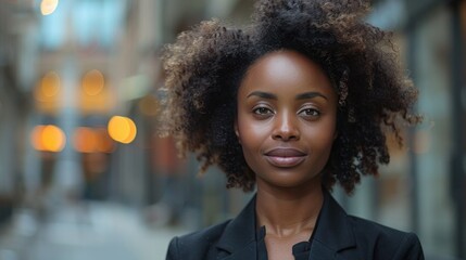 Fototapeta premium Stylish Afro-American Businesswoman Outdoors with Blurry Business Center Background