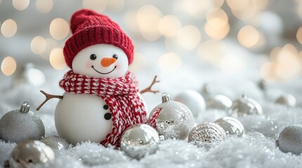 Obraz premium An adorable snowman donning a red hat and scarf, surrounded by glistening snow and silver Christmas ornaments, embodying the festive and joyous spirit of the winter season.