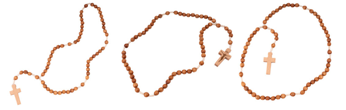 wooden rosary beads isolated on transparent background. png, set of three rosaries