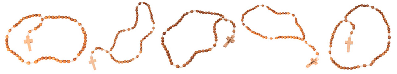 wooden rosary beads isolated on transparent background. png, set of five rosaries