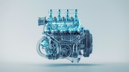 3D Model of a Modern Car Engine with Blue Accents