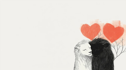 Two lions, one white and one black, cuddle with red hearts above them.