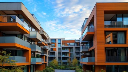 Obraz premium Contemporary apartment buildings with a beautiful blue sky backdrop, highlighting modern architectural styles and creating a harmonious blend of urban living spaces and nature.