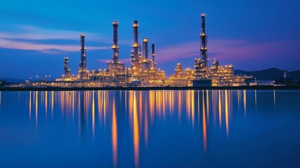 Naklejka premium This image portrays an industrial landscape during twilight, with towers and buildings brightly illuminated, reflecting beautifully in the calm water, highlighting human engineering.