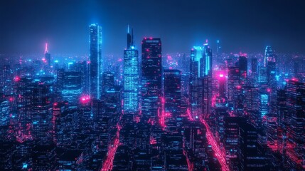Fototapeta premium A vibrant cityscape at night with towering skyscrapers and neon lights illuminating the streets, creating a stunning blend of blue and red hues.