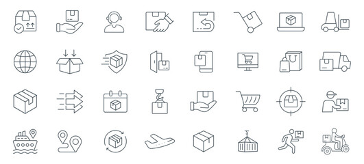 Logistics line Icon Set vector. Icons of Delivery, Shipping, and Warehousing