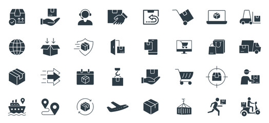 Fototapeta premium Logistics Icon Set vector in solid style. Icons for Delivery, Shipping, and Warehousing