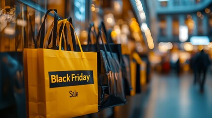 Fototapeta premium Black and yellow shopping bags featuring 'Black Friday Sale' text, positioned in a modern mall, highlighting the busy shopping atmosphere and discounts of the annual sales event.
