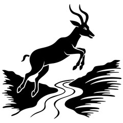 Graceful Antelope Silhouette Leaping Over Stream Vector Black Art