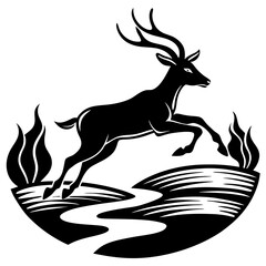 Graceful Antelope Silhouette Leaping Over Stream Vector Black Art