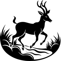 Graceful Antelope Silhouette Leaping Over Stream Vector Black Art
