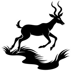 Graceful Antelope Silhouette Leaping Over Stream Vector Black Art